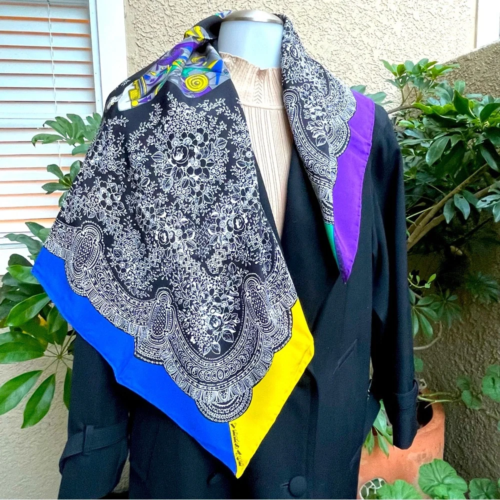 New vintage multicolored Versace large silk scarf